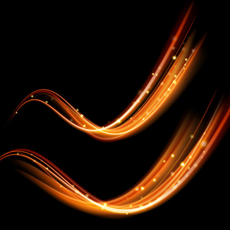 Vector magic glowing spark swirl trail trace effect on black background. Bokeh glitter fire wave line with flying sparkling flash lights.のイラスト素材