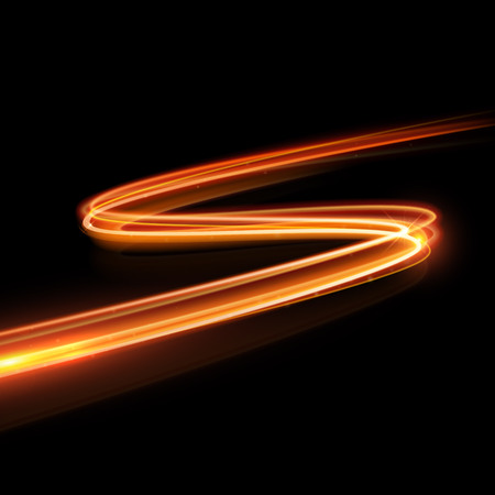 Vector magic glowing spark zig zag swirl trail trace effect on black background. Bokeh glitter fire wave line with flying sparkling flash lights.のイラスト素材
