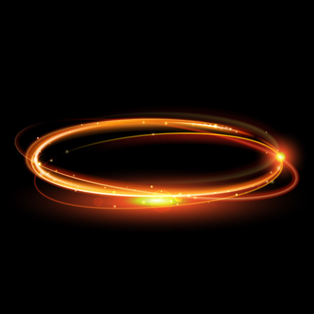 Vector magic gold circle. Glowing fire ring trace. Glitter sparkle swirl trail effect on black background. Bokeh glitter round wave line with flying sparkling flash lights.