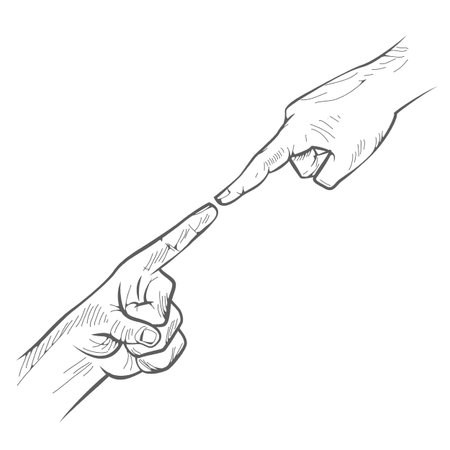 Vector poining finger gesture. Touching forefinger hand drawn sign. Vector pencil sketch illustration. Isolated on white background.のイラスト素材