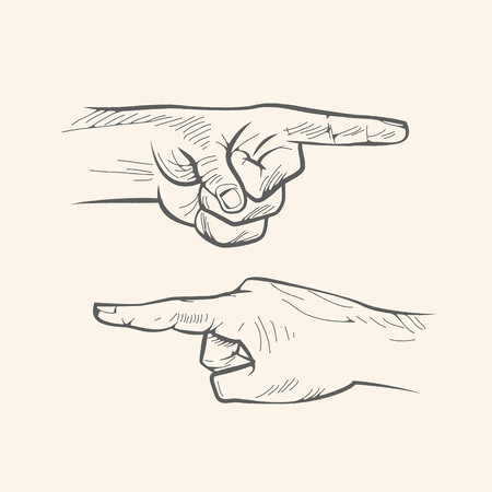 Vector poining finger gesture. Stretching forefinger hand drawn sign. Vector pencil sketch illustration. Isolated on white background.のイラスト素材