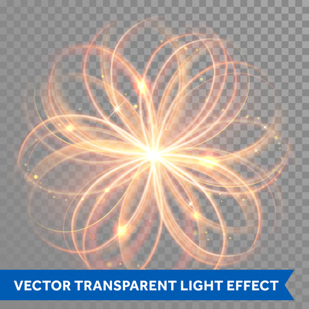 Vector magic glowing light flowery swirl with trail trace effect on transparent background. Bokeh glitter fire spark spiral wave line with flying sparkling flash lights. Atom form.のイラスト素材