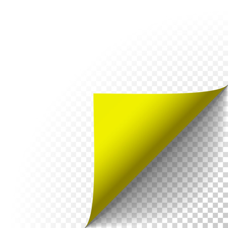 Paper corner peel. Page curled fold with shadow. Blank sheet of folded yellow sticky paper note. Vector sticker peel illustration for advertising and promotional isolated on transparent background.のイラスト素材