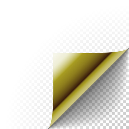 Paper corner peel. Gold metallic page curled fold with shadow. Blank sheet of folded sticky paper note. Vector illustration of sticker peel element for advertising message on transparent background.のイラスト素材