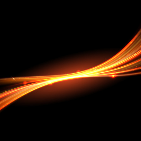 Vector magic glowing spark zig zag swirl trail trace effect on black background. Bokeh glitter fire wave line with flying sparkling flash lights.のイラスト素材