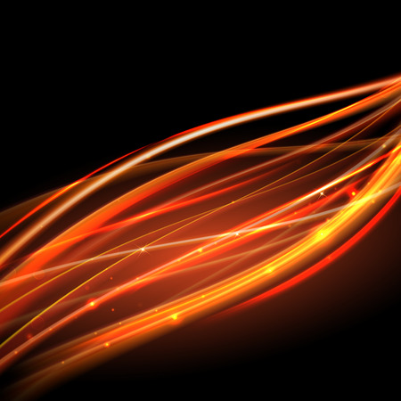 Vector magic glowing spark zig zag swirl trail trace effect on black background. Bokeh glitter fire wave line with flying sparkling flash lights.のイラスト素材