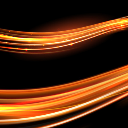 Vector magic glowing spark zig zag swirl trail trace effect on black background. Bokeh glitter fire wave line with flying sparkling flash lights.のイラスト素材