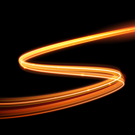 Vector magic glowing spark zig zag swirl trail trace effect on black background. Bokeh glitter fire wave line with flying sparkling flash lights.のイラスト素材