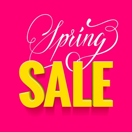 Vector spring sale discount promotion poster. Hand drawn greeting card. Calligraphy lettering design on pink background.のイラスト素材