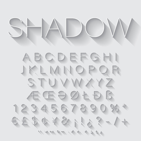 Thin Line alphabet set with shadow. Latin letters, numbers and special symbolsのイラスト素材
