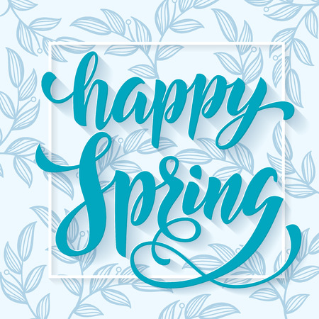 Vector Happy Sring poster. Hand drawn title greeting card. Calligraphy lettering design with flowery background.のイラスト素材