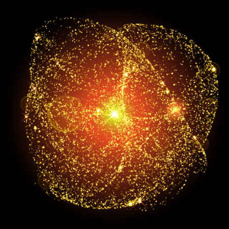 Vector gold glitter gas fractlas swirls abstract design. Particle cosmic explosion twirl. Vector galaxy illustrationのイラスト素材