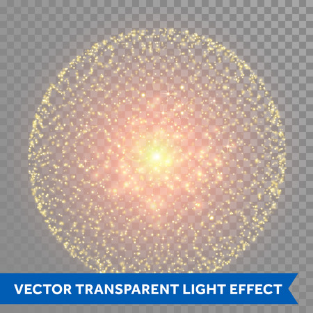 Vector gold glitter plasma waves with light sparks. 3D electric cosmic sphere illuminated with sparkling glowing particles. Transparent background.のイラスト素材