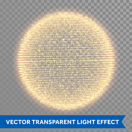 Vector gold glitter sparks sphere shining design. 3D illuminated sparkling sphere of glowing particles and wireframe. Transparent background.のイラスト素材