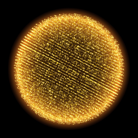 Vector gold glitter fractal sparks sphere shining design. 3D illuminated sparkling sphere of glowing particles and wireframeのイラスト素材
