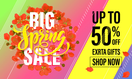 Vector spring sale discount promotion poster. Gift card with calligraphy lettering design. Flowers on color background.のイラスト素材