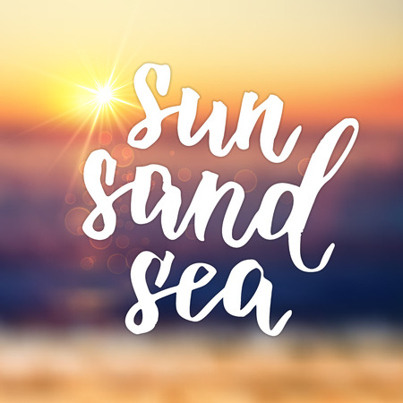 Summer card hand drawn lettering. Sun Sand Sea summer background wallpaper with calligraphic design. Beach travel summer poster, vector illustration.のイラスト素材