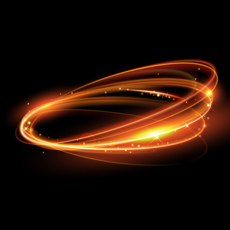 magic gold light trail circle. Glowing fire ring trace. Glitter sparkle whirl trail effect on black background. Bokeh glitter round wave line with spinning sparkling flash lights.のイラスト素材