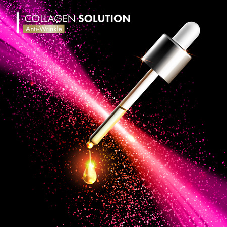 Coenzyme Q10 collagen gold glitter drop. Skin care collagen hyaluronic moisture treatment with dropper. Golden sparkling drop design. Anti age coenzyme droplet for cosmetics design.のイラスト素材
