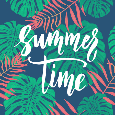 Summer Time card with tropical leaves seamless pattern.のイラスト素材
