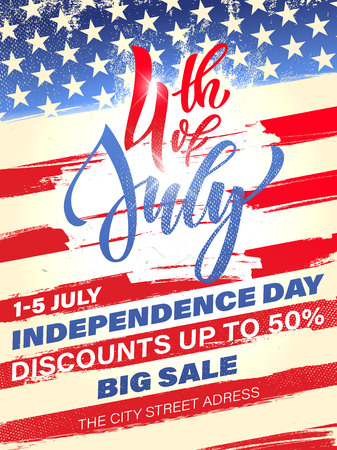 Fourth of July USA Independence Day greeting card. 4 July America celebration wallpaper. Independence national holiday US flag card design.のイラスト素材