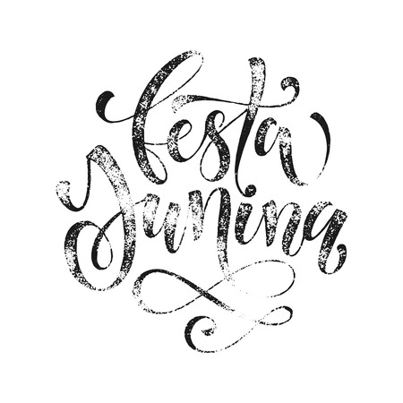 Festa Junina Midsummer greeting card in Portuguese. Festa de Sao Joao, St John, Summer solstice vector lettering in Brazilian. Festas Juninas hand drawn grunge calligraphy on white background.のイラスト素材