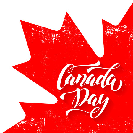 Canadian Flag with red maple leaf. Greeting card vector illustration. Happy Canada Day calligraphy lettering on grunge retro background wallpaperのイラスト素材