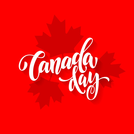 Canada Day greeting card poster. Canadian national celebration flyer placard with maple leaf print pattern. Canada flag red backround wallpaper.のイラスト素材