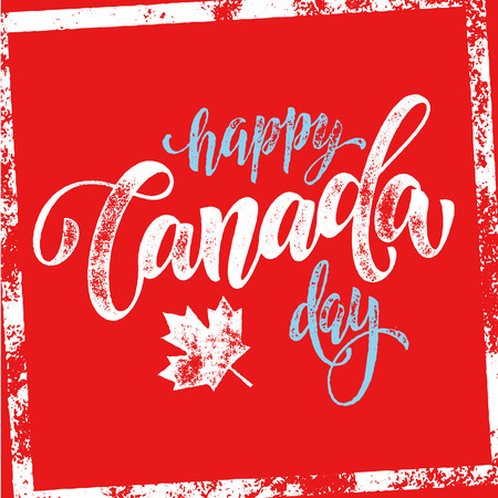 Happy Canada Day poster. Canadian flag vector illustration greeting card with hand drawn calligraphy lettering. Maple leaf on red background wallpaper.のイラスト素材