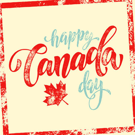 Happy Canada Day vector illustration greeting card. Canadian flag poster with hand drawn calligraphy lettering. Red maple leaf on white background wallpaper.のイラスト素材