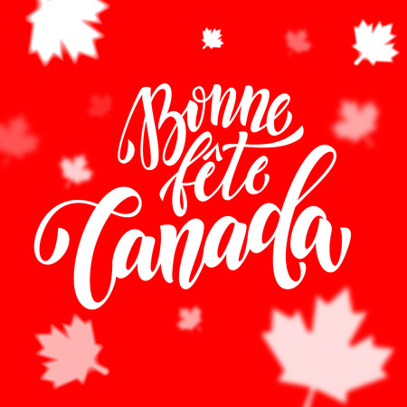 Bonne Fete du Canada in French. Happy Canada Day calligraphy greeting card. Maple leaf pattern vector illustration. Canadian flag red background wallpaper.のイラスト素材