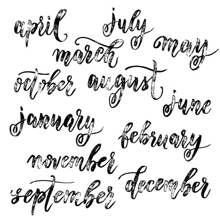Calendar month lettering grunge calligraphy. Chalk board vintage hand drawn names of months for january, february, march, april, may, june, july, august, september, october, november, december.のイラスト素材