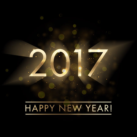 Gold New Year 2017 card. Happy New Year background with glowing lens flare effect sparkling stars texture. Stardust sparks in explosion on black background. Vector Illustrationのイラスト素材