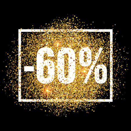 Discount promo label. 60 percent sale promotion tag. New Year, Christmas shop offer. Golden glitter template for banner, poster, certificate. Gold glittering vector flares on black background.のイラスト素材