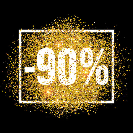 Discount promo label. 90 percent sale promotion tag. New Year, Christmas shop offer. Golden glitter template for banner, poster, certificate. Gold glittering vector flares on black background.のイラスト素材