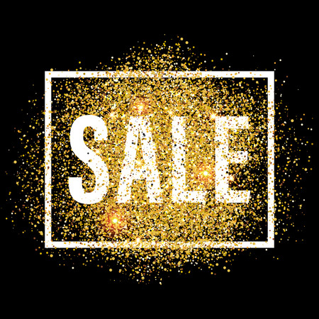Sale promo label. Offer promotion tag. New Year, Christmas shop discount. Golden glitter template for banner, poster, certificate. Gold glittering vector flares on black background.のイラスト素材