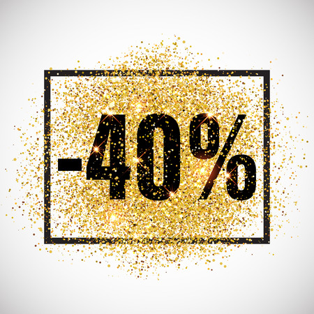40 percent discount promotion tag. Promo sale label. New Year, Christmas offer. Golden glitter template for shop banner, poster, certificate. Gold glittering vector flares on white background.のイラスト素材