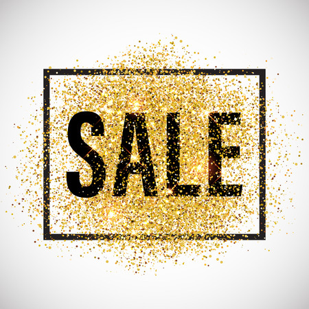 Sale promotion tag. Discount promo label. New Year, Christmas offer. Golden glitter template for shop banner, poster, certificate. Gold glittering vector flares on white background.のイラスト素材