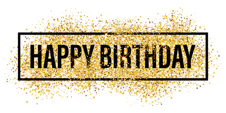Happy Birthday greeting card. Gold glitter flare background. Shining golden sparkles.のイラスト素材