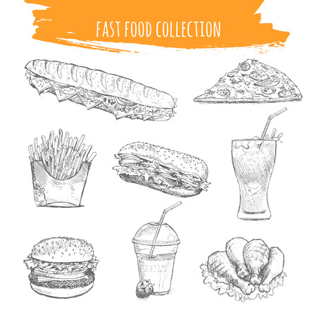 Fast food set. Snacks and desserts sketch art illustration. Isolated pencil drawn elements of sandwich, pizza, french fries, burger, soda coke, cheeseburger, chicken legs.のイラスト素材