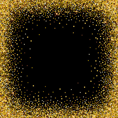 Gold glitter confetti frame for festive greeting card template. Vector holiday wallpaper with sparkles on black background.のイラスト素材