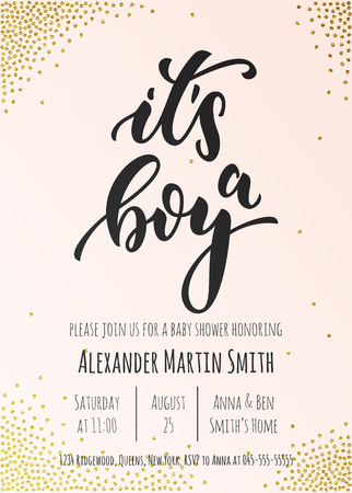 It's a Boy invitation party card template. Baby shower celebration design. Hand drawn calligraphy classic lettering.のイラスト素材