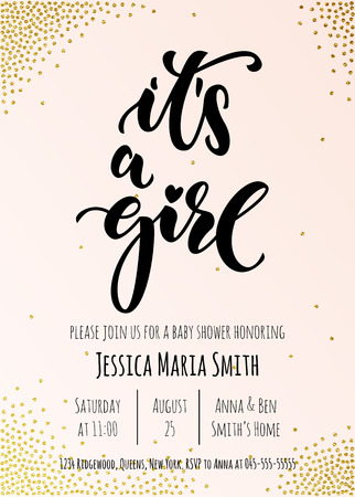 It's a Girl invitation party card template. Baby shower celebration design. Hand drawn calligraphy classic lettering.のイラスト素材