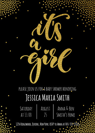 It's a Girl invitation party card template. Hand drawn golden calligraphy classic lettering. Baby shower celebration gold glitter design.のイラスト素材