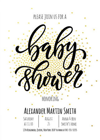 Baby Shower invitation card template. Classic black calligraphy vector lettering. White background with golden polka dot decoration.のイラスト素材