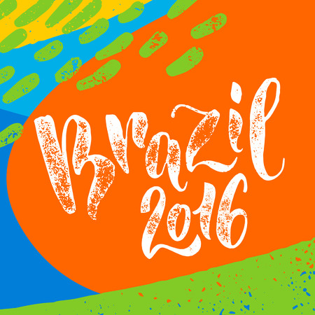 Brazil 2016 poster. Hand drawn calligraphy vector lettering on abstract background of brazilian flag colors. Art illustration for sport events, concerts, team flags, fans banners and decorations.のイラスト素材