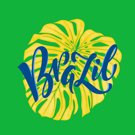 Brazil 2016 poster. Hand drawn calligraphy lettering on tropical leaf background with brazilian flag colors. Art illustration for sport events, concerts, team flags, fans banners and decorations.のイラスト素材