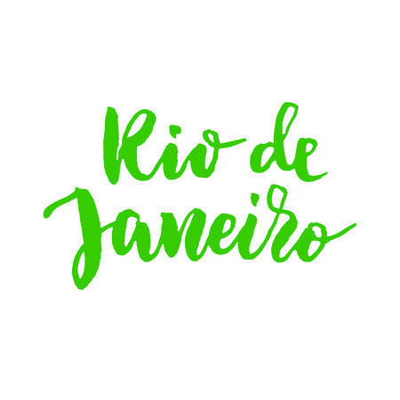 Rio De Janeiro. Hand drawn calligraphy lettering. Vector green text on white background.のイラスト素材