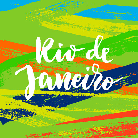 Rio De Janeiro poster. Hand drawn calligraphy vector lettering on background of brazilian colors. Art illustration for sport events, team flags, banners, decorationsのイラスト素材