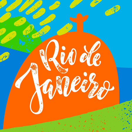 Rio De Janeiro poster. Hand drawn calligraphy vector lettering on background of Christ the Redeemer and Sugarloaf with brazilian flag colors. Art for sport events, concerts, banners and souvenirs.のイラスト素材